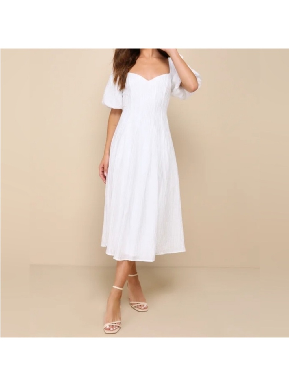 Lulus Heavenly Energy size Medium White Textured Puff Sleeve Pleated Midi Dress